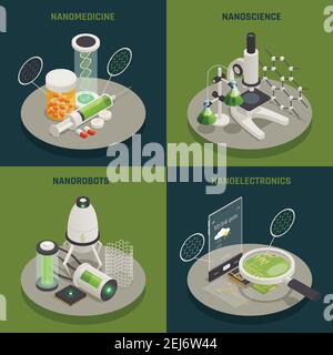 Nanotechnologie 4 isometrische Icons quadratisches Konzept mit Nanomedizin Nanowissenschaft Nanoelektronik Und Nanorobots Anwendungen isoliert Vektor Illustration Stock Vektor