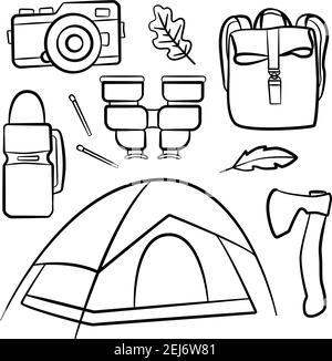 Set von Doodle Wald Camping Design-Elemente. Handgezeichnete Wander- und Camping-Doodles perfekt für Sommercamp Flyer und Poster Stock Vektor