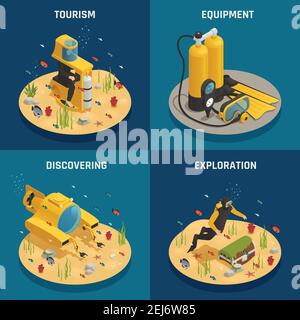 Unterwasser Tourismus Erfahrung Entdeckungen und professionelle Tauchausrüstung 4 Isometrische Symbole Konzept quadratische isolierte Vektor-Illustration Stock Vektor
