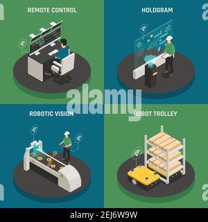 Smart Manufacturing 4 isometrische Icons quadratisches Konzept mit Hologramm-Projektion Technologien und automatisierte Roboter Trolley Vektor Illustration Stock Vektor