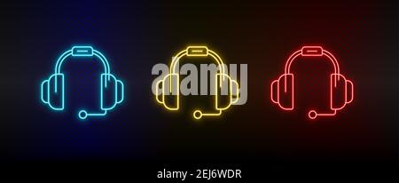 Kopfhörer mit Neon-Symbol. Set von roten, blauen, gelben Neon-Vektor-Symbol Stock Vektor