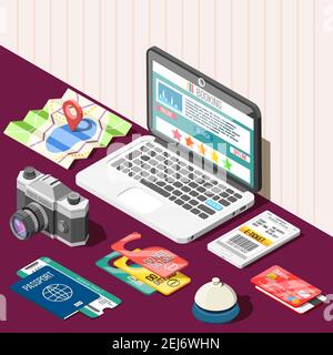 Reise isometrisches Design-Konzept mit Passkarten Bankkarte Laptop Und Online-Buchungs-App auf dem Bildschirm Vektor Illustration Stock Vektor