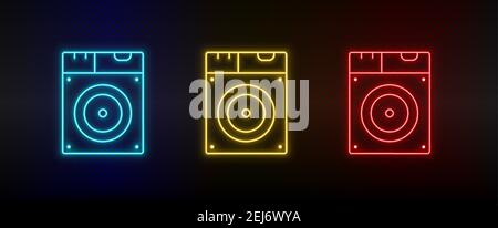 Neon-Symbol Laufwerk einstellen. Set von roten, blauen, gelben Neon-Vektor-Symbol Stock Vektor