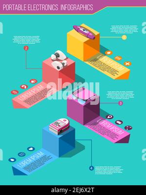 Tragbare Elektronik isometrische Infografiken auf türkisfarbenem Hintergrund mit medizinischen Geräten Auf bunten Würfel Vektor-Illustration Stock Vektor