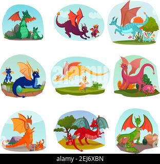Feen Drachen Kinder Set von isolierten Kompositionen mit Eltern Drachen Und Kinder mit Flügeln und Hörnern Vektor-Illustration Stock Vektor