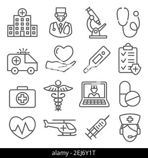 Symbole für Krankenhauslinien auf weißem Hintergrund Stock Vektor