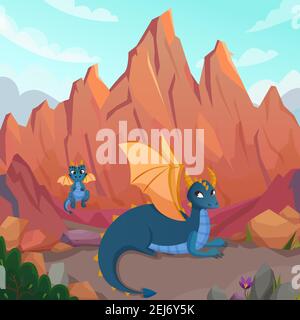 Feen Drachen Komposition mit Canyons Landschaft und Comic-Figuren dragon Familie Mutter und Kind Vektor-Illustrationen Stock Vektor
