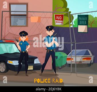 Polizei Beruf Zusammensetzung der Cartoon-Stadt-Landschaft und zwei Menschen Charaktere von Polizeiarbeitern in einheitlichen Vektor-Illustration Stock Vektor