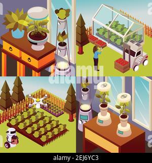 Landwirtschaftliche Roboter isometrisch 2x2 Design-Konzept Satz von quadratischen Kompositionen Darstellung robotised Umwelt der Landwirtschaft Vektor-Illustration Stock Vektor