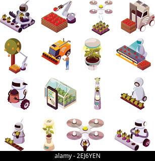 Landwirtschaftliche Roboter isometrische Symbole Satz von isolierten Bildern von android Gärtner und Drohnen Bauern mit Pflanzen Vektor-Illustration Stock Vektor