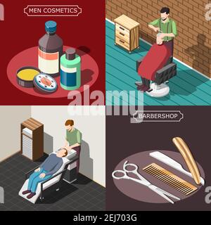 Barbershop isometrisches Design-Konzept mit Männern Kosmetik, professionelle Werkzeuge, Haare waschen, männlichen Haarschnitt isoliert Vektor-Illustration Stock Vektor