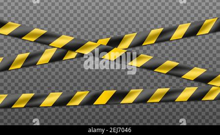 3D realistische Vektor Gefahr schwarz und gelb gestreiftes Band, Warnband von Warnschildern für Tatort oder Baustelle. Isoliert auf Transparentfolie Stock Vektor