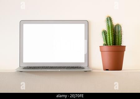 Moderner Laptop mit leerem Bildschirm für Daten, die auf dem Regal platziert werden In der Nähe Töpfer Kaktuspflanze Stockfoto