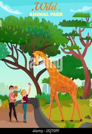 Wild Tierpark Hintergrund mit glücklich junge Familie grüßt Giraffe Spaziergang im Zoo Cartoon Vektor Illustration Stock Vektor