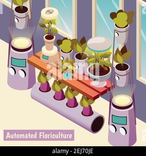 Landwirtschaftliche Roboter isometrischen Hintergrund mit chemischen Garten-System und elektronisch Kontrollierter Wassertank mit verschiedenen Pflanzen Vektor illustrati Stock Vektor
