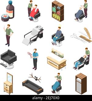 Barbershop isometrische Symbole mit Friseur und Kunden, kosmetische Accessoires, professionelle Werkzeuge, Innenelemente isoliert Vektor-Illustration Stock Vektor