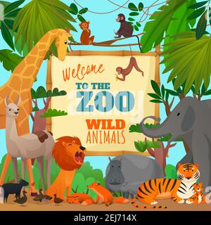 Willkommen im Zoo Cartoon Poster mit Löwe Elefant Giraffe Tiger Hippopotamus Antilopenaffen Vektorgrafik Stock Vektor