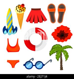 Sommer Set mit bunten Symbolen isoliert auf weißem Hintergrund. Cartoon-Stil. Design für Poster, Karte, Banner, Flyer. Flache Vektorgrafik. Symbole Stock Vektor