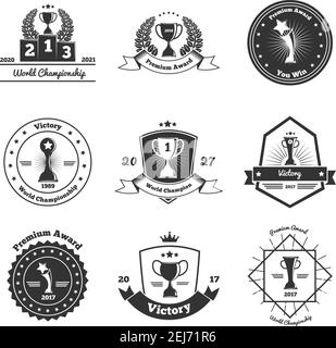 Weltmeisterschaft Wettbewerbe Festivals Turniere Gewinner Auszeichnungen Trophäen Embleme Icons Collection isolierte schwarz weiß Vektor-Illustration Stock Vektor