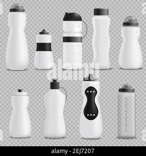 Fitness Running Mixer und Sport Wasserflaschen verschiedenen Formen weiß Realistische Objekte Sammlung Transparente Hintergrund Vektor-Illustration Stock Vektor