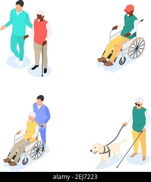 Gruppe von alten Männern mit Gehstock, Blindenhund und Rollstuhl isoliert auf weißem Hintergrund. Ruhestand, Pflege für ältere Menschen. Flacher Vektor isometrisch Stock Vektor