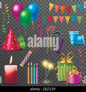 Set von realistischen Urlaub Elemente mit Party Hüte, brennende Kerzen, Ballons isoliert auf transparenten Hintergrund Vektor-Illustration Stock Vektor