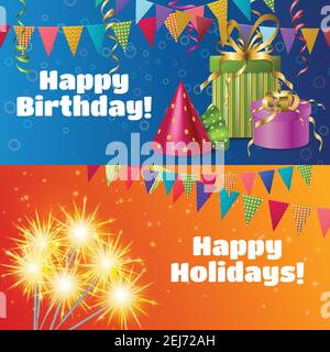 Horizontale Banner mit realistischen festlichen Accessoires einschließlich Geschenkboxen, Streamer, Wunderkerzen, Fahnen, Party Hüte isoliert Vektor-Illustration Stock Vektor