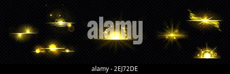 Goldenes Licht, strahlende Sonne, goldene Linie, Sonnenstoß isoliert auf schwarzem Hintergrund. Dämmerung oder Dämmerung platzen Strahlen, Feuerwerk glühen, Explosion oder magische Strahlen, gelben Funken. Realistische 3D Vektorgrafik, Symbole gesetzt Stock Vektor