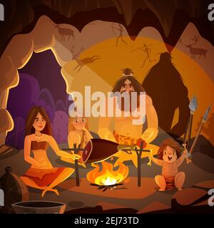 Cartoon-Poster mit Höhlenmensch Familie in Tierpelz Kochen gekleidet Fleisch am Lagerfeuer in Höhle Vektor-Illustration Stock Vektor