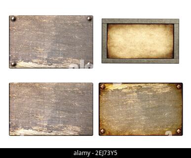 Sammlung von alten Holzplanken mit Vintage-Nägeln. Isoliert auf weißem Hintergrund. Mustervorlage. Platz für Text kopieren. 3D Rendern Stockfoto