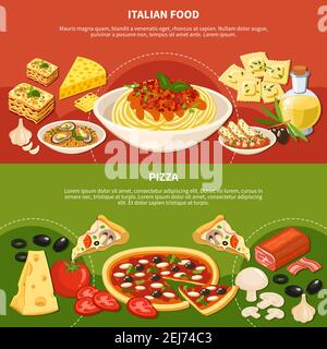 Italienische Gerichte horizontale Banner mit Symbolen, die Zutaten in verwendet Beliebte Mahlzeiten der traditionellen Küche flache Vektor-Illustration Stock Vektor