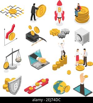 Satz von isometrischen Symbolen mit ico Blockchain-Konzept, sichere Bitcoin, Kryptowährung Mining, Startup-Projekt isoliert Vektor-Illustration Stock Vektor