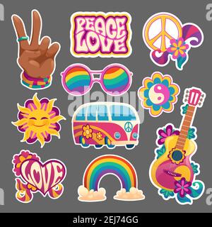 Hippie Aufkleber oder Symbole Hand gestikulieren Frieden Symbol, Blumen, Bus und Regenbogen oder Sonnenbrille. Gitarre, Yin Yang Zeichen, lächelnde Sonne und Herz mit Liebe Wort, isolierte Retro-Patches, Cartoon-Vektor-Set Stock Vektor