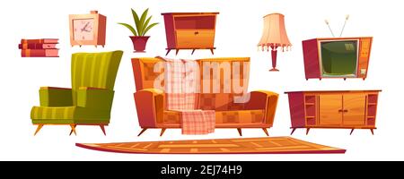 Retro alte Wohnzimmermöbel und Stuff Sofa, hölzerne Nachttisch, Sessel und antike abgeschaltete Fernsehbücher, Wecker, Holz tv-Ständer und Tischlampe mit Lappen, Cartoon Vektor-Icons Set Stock Vektor