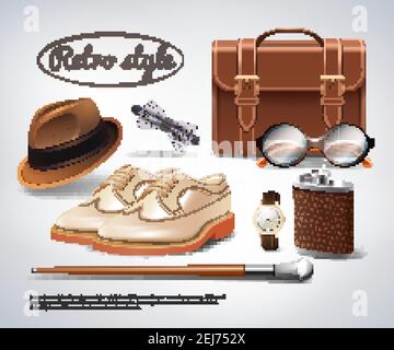 Klassisches Retro Gentleman Accessoires realistisches Set mit Schuhen Aktentasche Brille Uhr Fliege Walking Stick Vektor Illustration Stock Vektor