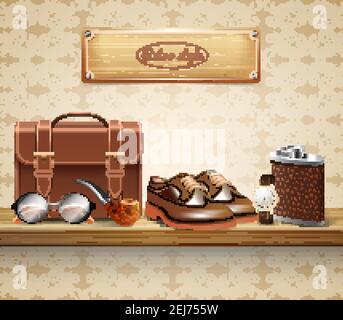 Klassische Retro-Stil echte Leder Gentleman Accessoires realistische Zusammensetzung mit Schuhe Aktentasche Brille Uhr Rohr Vektor Illustration Stock Vektor