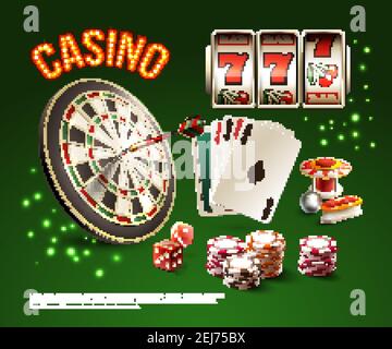 Spiele realistische stilvolle Komposition mit Casino-Schlagzeile und verschiedenen Spielen Attribute isolierte und farbige Vektordarstellung Stock Vektor