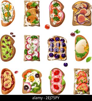 Sandwiches bunte Cartoon-Set mit Ei Gemüse Tomaten Salami Pilz Süßfrucht Zutaten isoliert Vektor-Illustration Stock Vektor