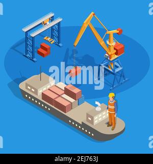 Ladung auf Schiff laden isometrische Zusammensetzung auf blauem Hintergrund mit Industrielle Ausrüstung und Arbeiter Vektor Illustration Stock Vektor
