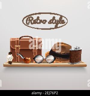 Retro Gentleman Accessoires runden Rahmen mit Schuhen Aktentasche Brille Uhr Rohr Hut Fliege realistische Vektor-Illustration Stock Vektor