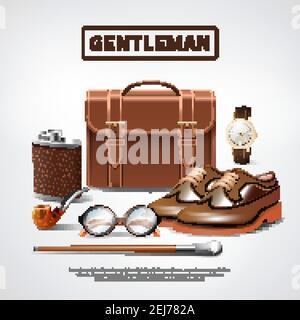 Klassische Retro Gentleman Accessoires realistische Komposition mit Lederschuhen Aktentasche Brille Uhr Rohr Spazierstock Vektor Illustration Stock Vektor