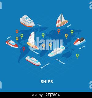 Schiffe isometrische Infografiken auf blauem Hintergrund mit Weltkarte, Wassertransport inklusive Yacht, Schlepper Vektor Illustration Stock Vektor