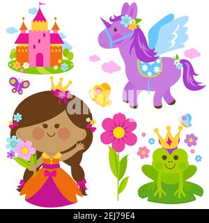 Schöne Prinzessin hält Frühlingsblumen, Einhorn, ein magischer Frosch, Schloss und Schmetterlinge. Illustrationssatz Stockfoto