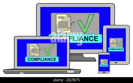 Compliance-Konzept auf verschiedenen IT-Geräten dargestellt Stockfoto