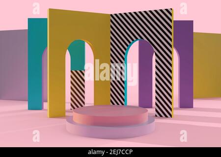 Bunte memphis Stil Inspiration 3D Render. Abstrakte geometrische Komposition mit Podium für Produktmockup. Stockfoto