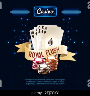 Stilvolle Casino realistische Zusammensetzung mit Royal Flush Schlagzeile auf der Vektor-Illustration für Farbband und Kartensatz Stock Vektor