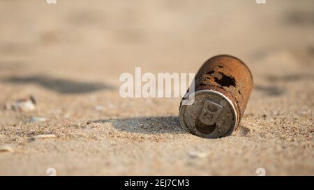 Alte Rost kann auf dem Sandstrand fallen, Umweltprobleme und globale Erwärmung. Stockfoto