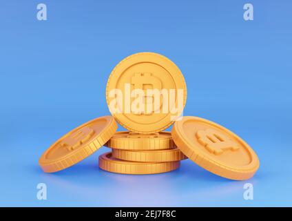 3D Bitcoin-Stapel auf blauem Hintergrund rendern. Kryptowährung und Blockchain Technology Konzept. Stockfoto