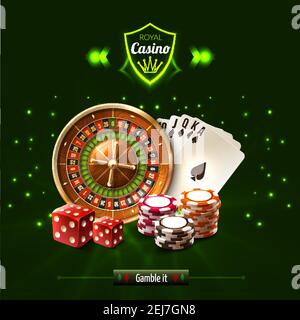 Spielen Sie es Casino realistische Zusammensetzung mit Würfel spielen Karten Roulette Und Chips Vektordarstellung Stock Vektor