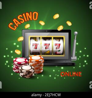 Farbige Casino realistische Zusammensetzung mit Casino Online-Schlagzeile und dunkel Vektorgrafik mit grünem Hintergrund Stock Vektor